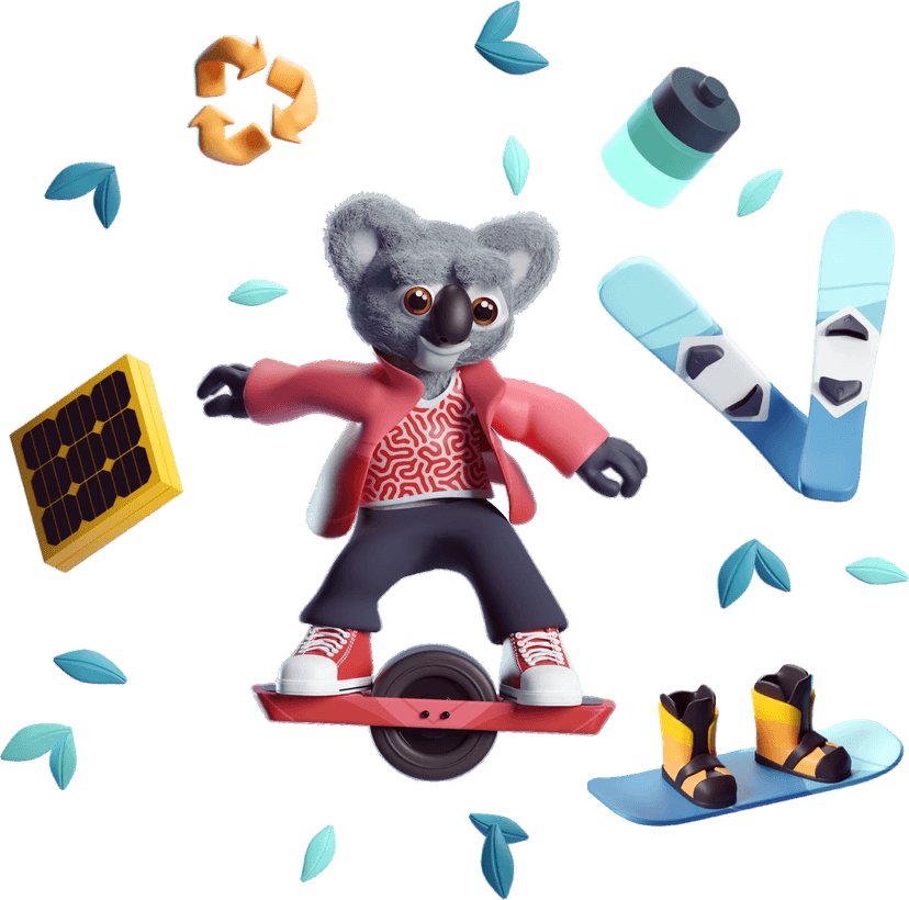 Illustration of Kody the Koala standing on a onewheel surrounded by green leaves, a battery, two skies, a snowboard, a solar panel, and a recycle logo.